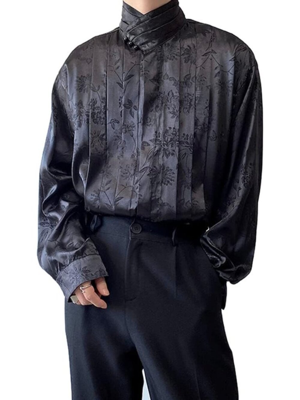 Men's Floral Pattern Satin Jacquard High-Collar Pleated Blouse - Stylish